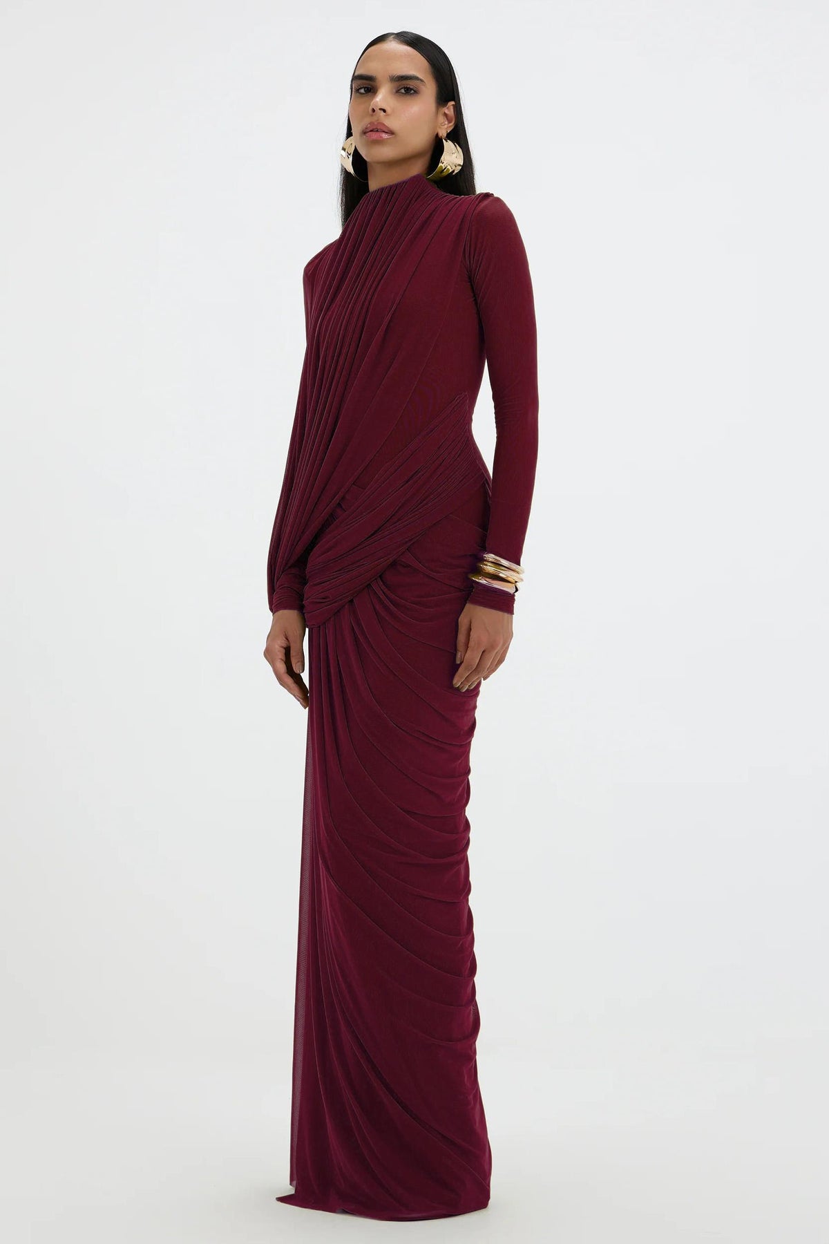 Mesh Gathering Long Sleeve Maxi Dress
