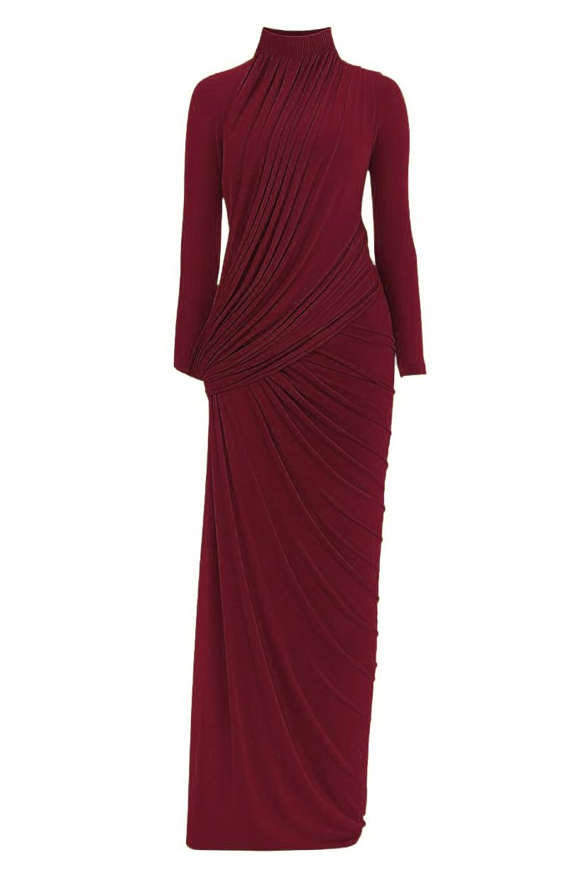 Mesh Gathering Long Sleeve Maxi Dress