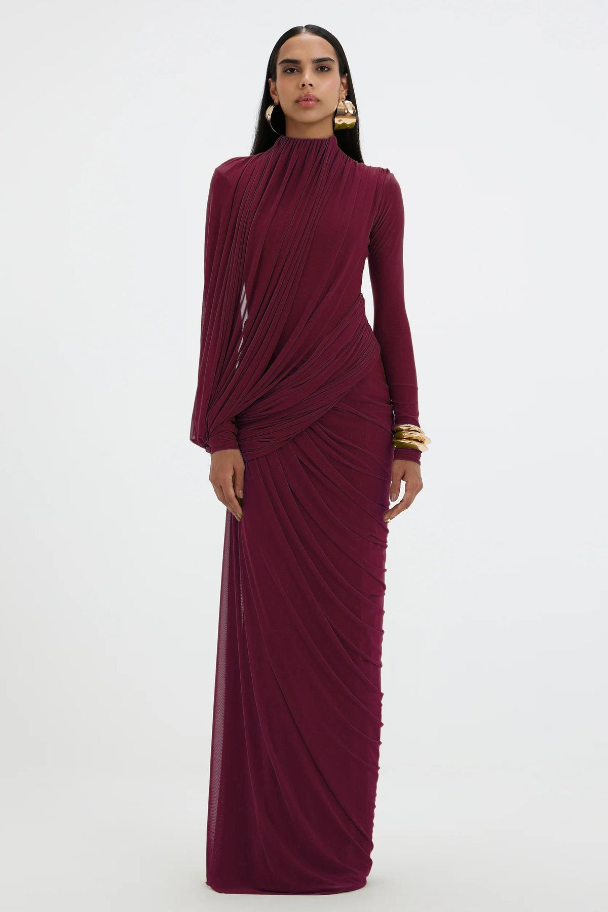 Mesh Gathering Long Sleeve Maxi Dress