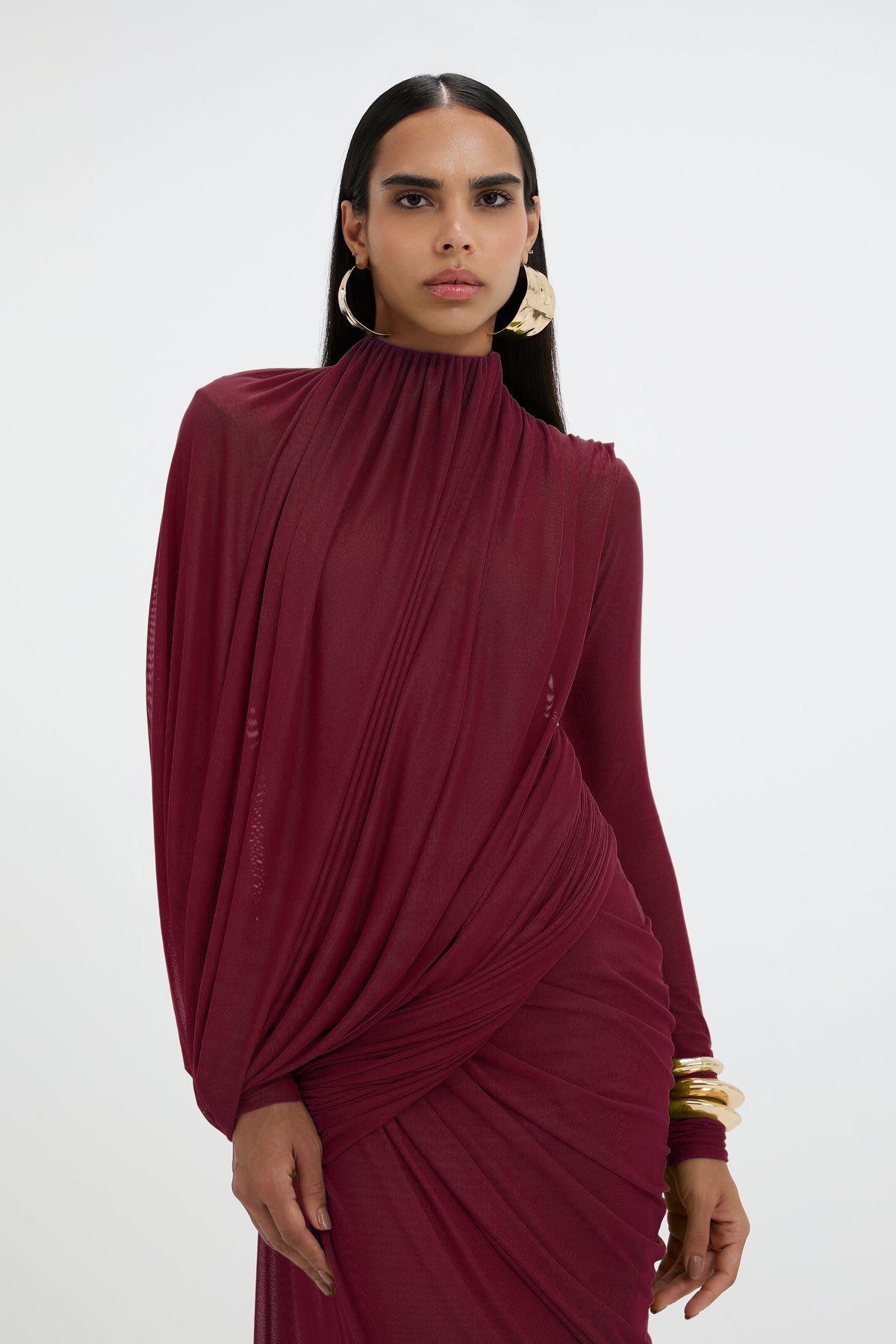 Mesh Gathering Long Sleeve Maxi Dress