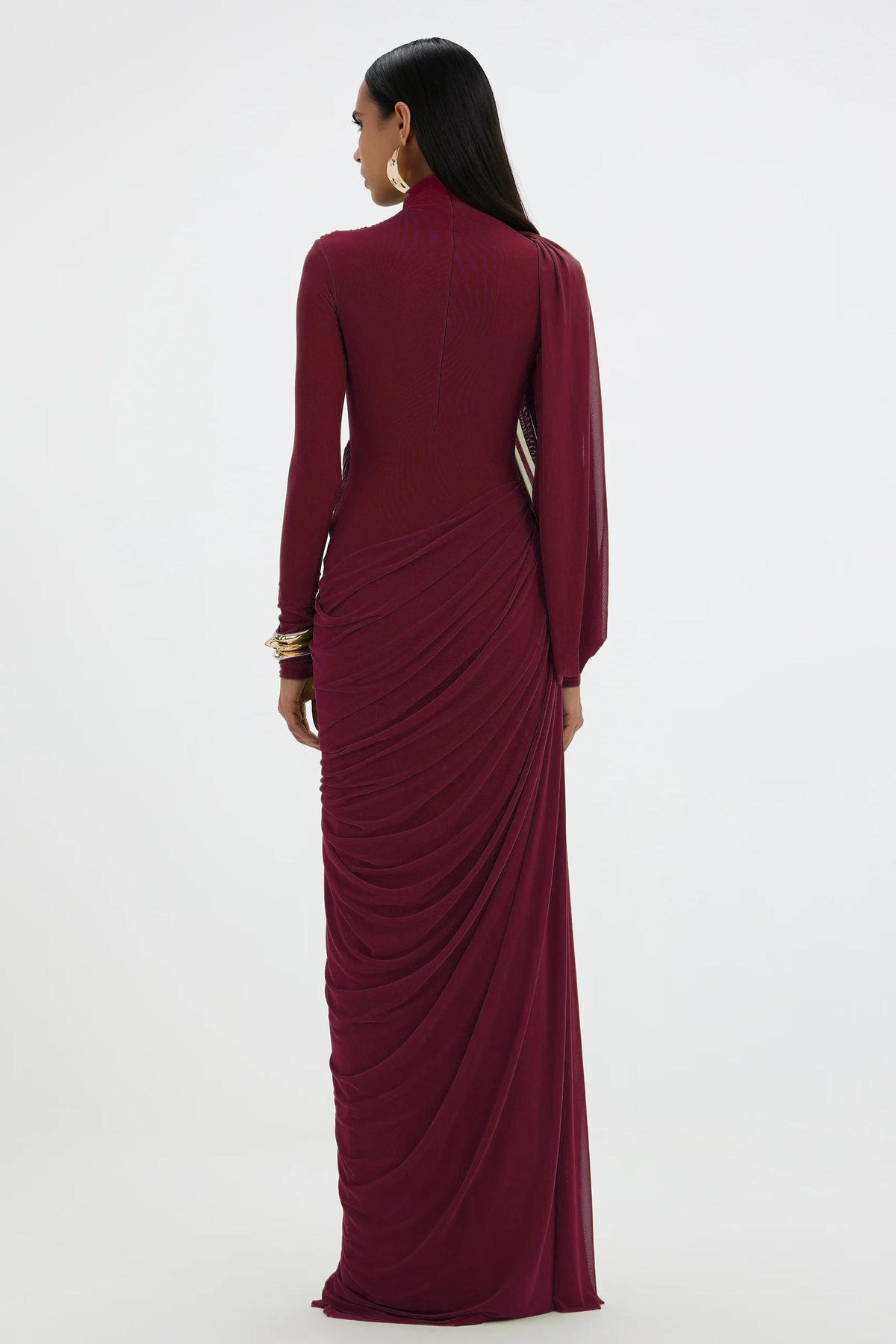 Mesh Gathering Long Sleeve Maxi Dress