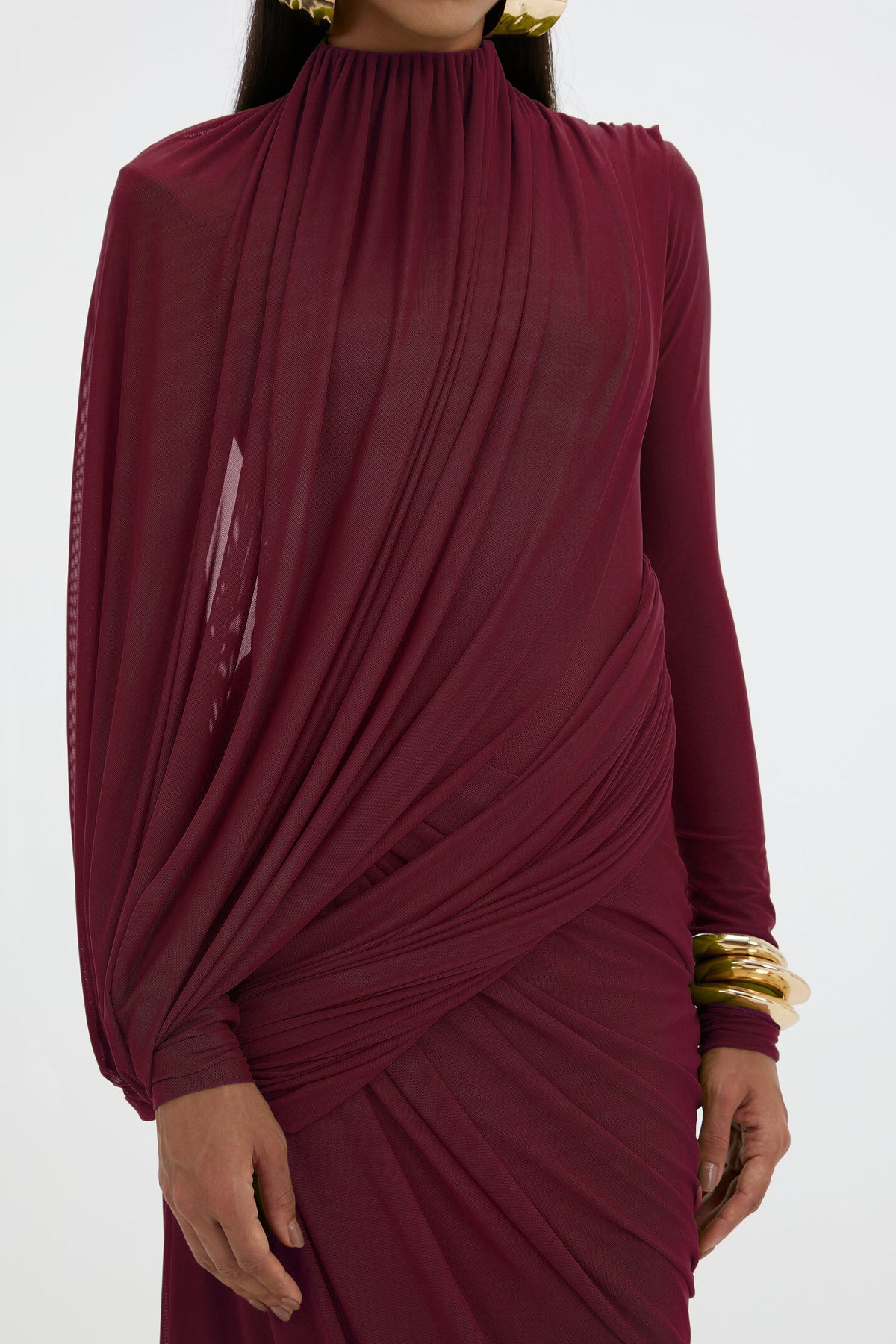 Mesh Gathering Long Sleeve Maxi Dress
