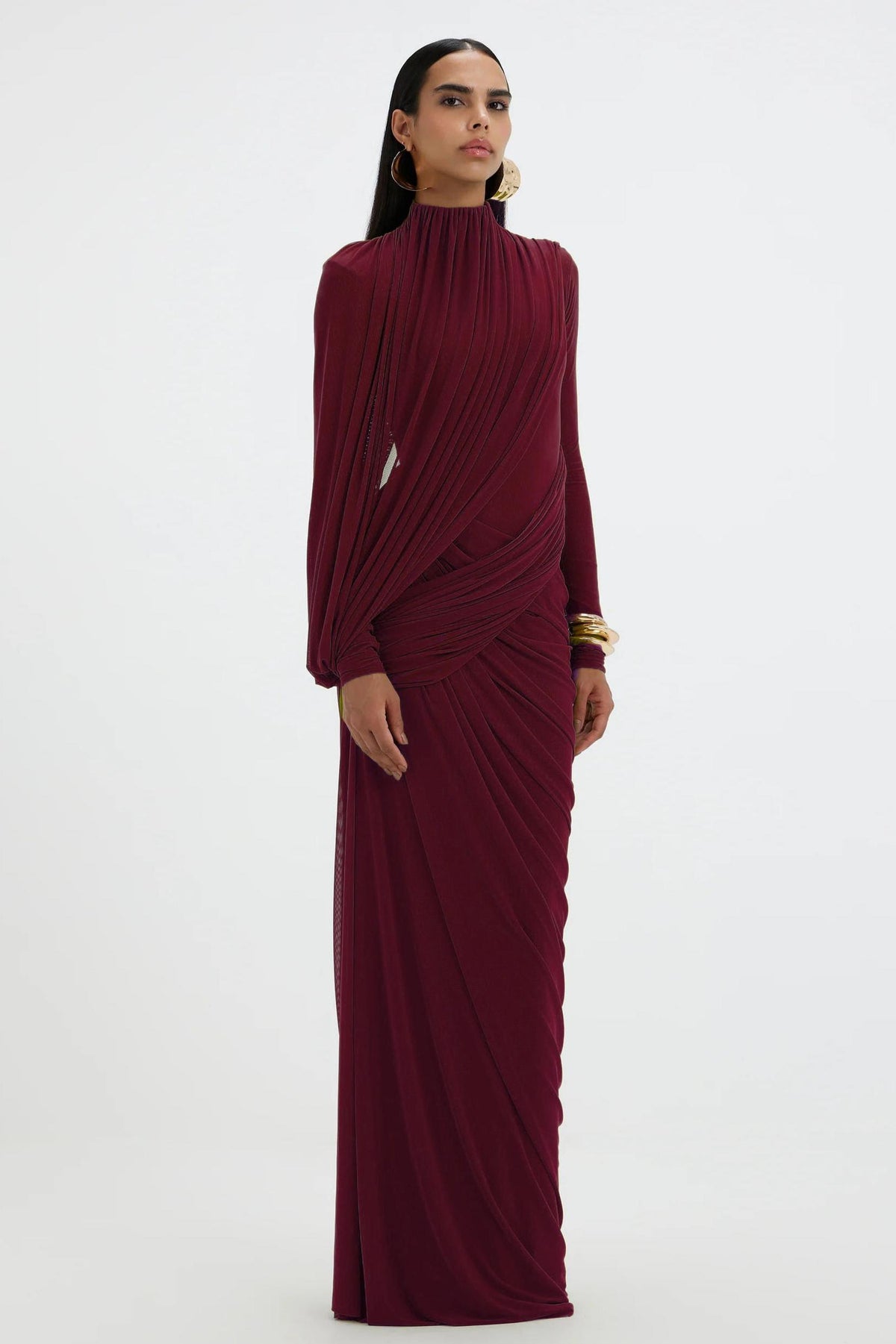Mesh Gathering Long Sleeve Maxi Dress