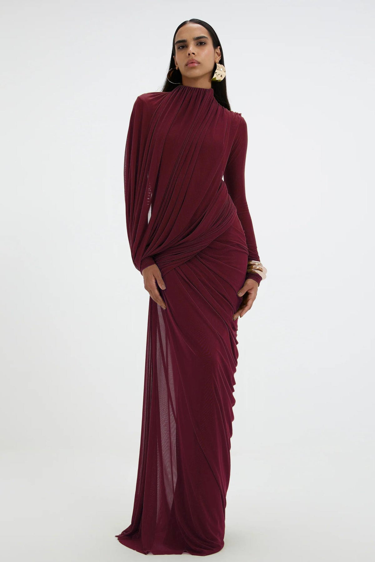 Mesh Gathering Long Sleeve Maxi Dress