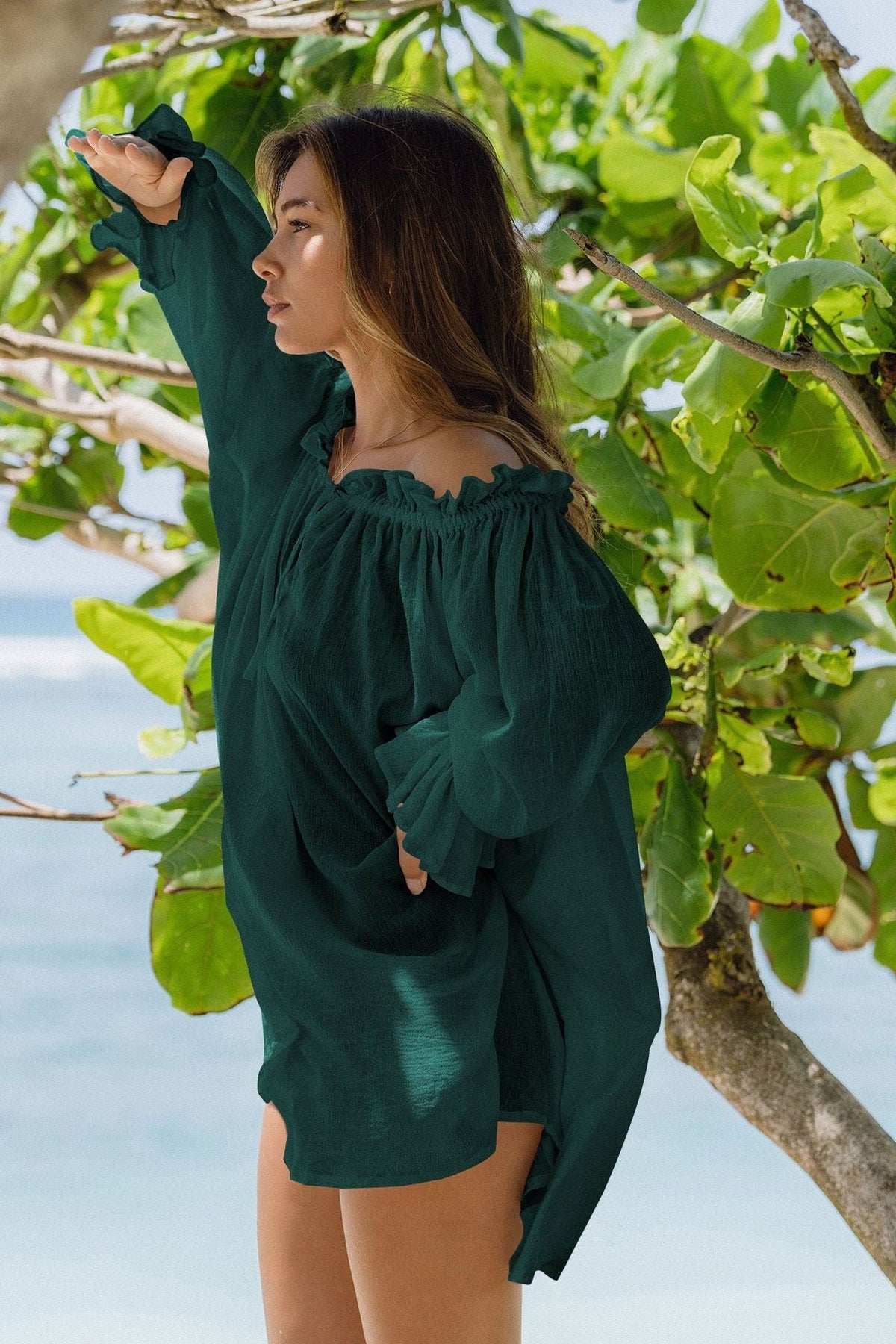 Off-Shoulder Lace Up Puff Sleeve Ruched Mini Dress