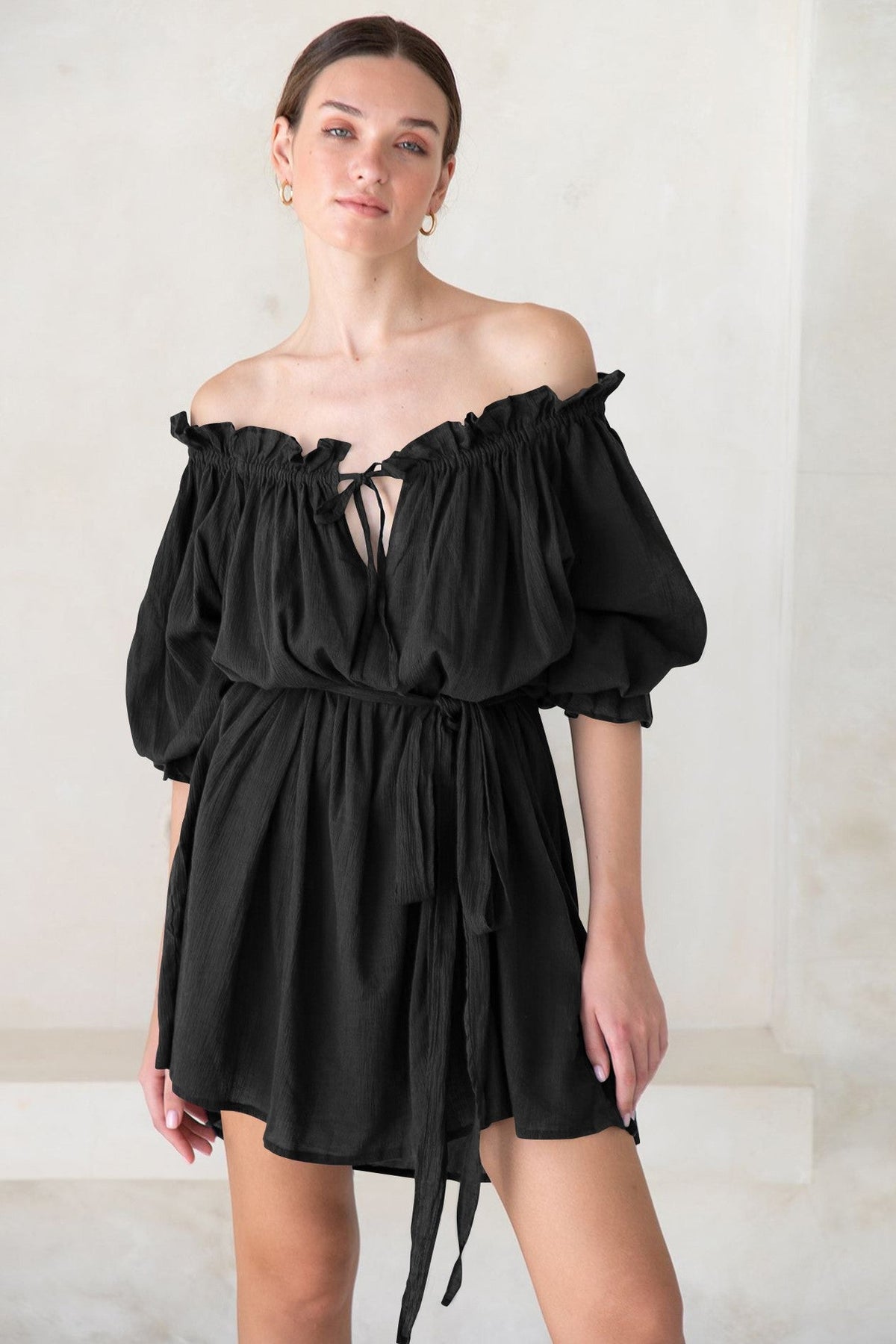 Off-Shoulder Lace Up Puff Sleeve Ruched Mini Dress