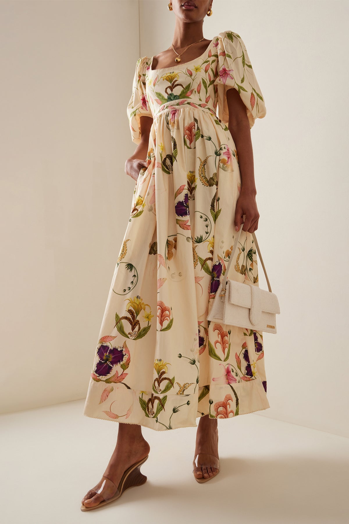 Floral Embroidery Puff Sleeve Square Collar Maxi Dress