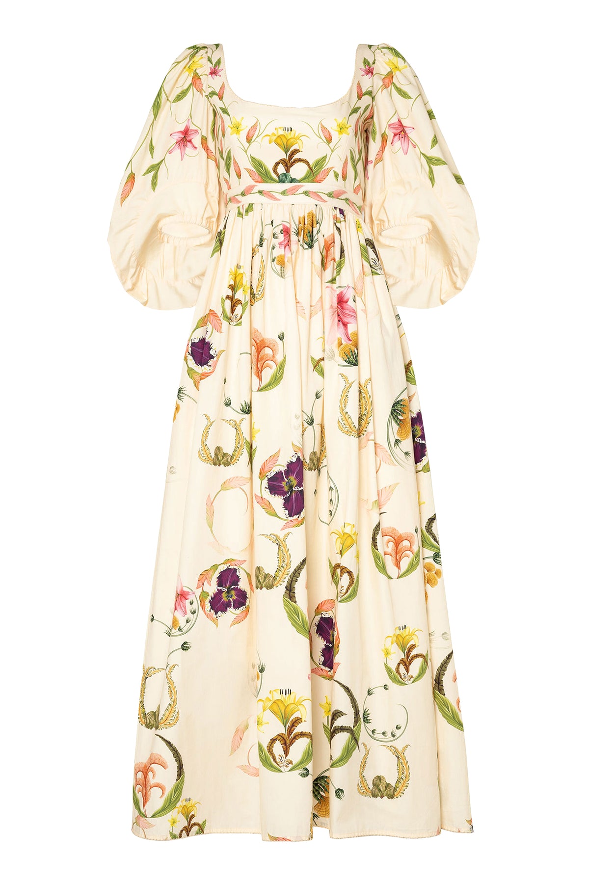 Floral Embroidery Puff Sleeve Square Collar Maxi Dress