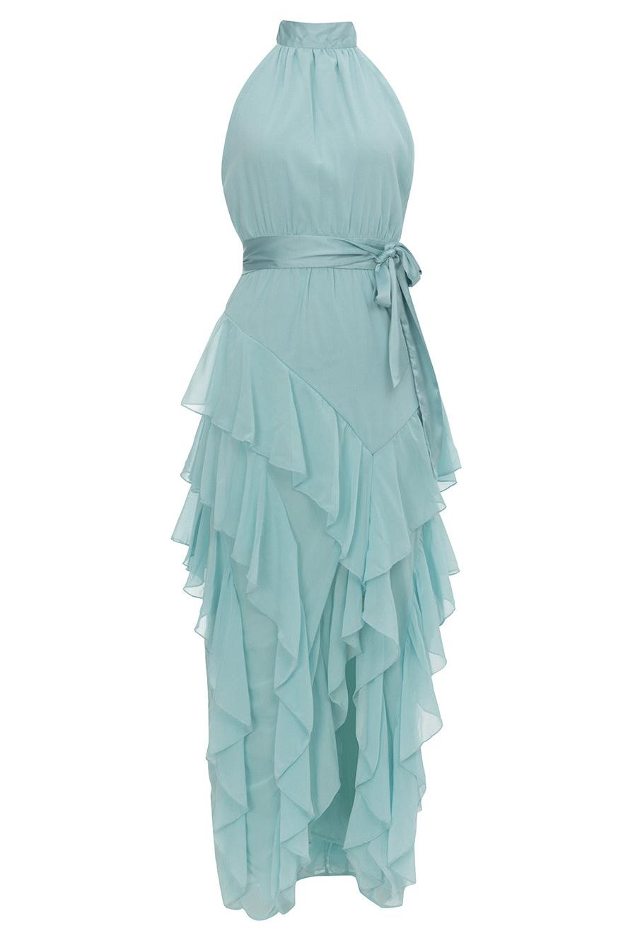 Chiffon Sleeveless Frill Split Midi Dress With Belt