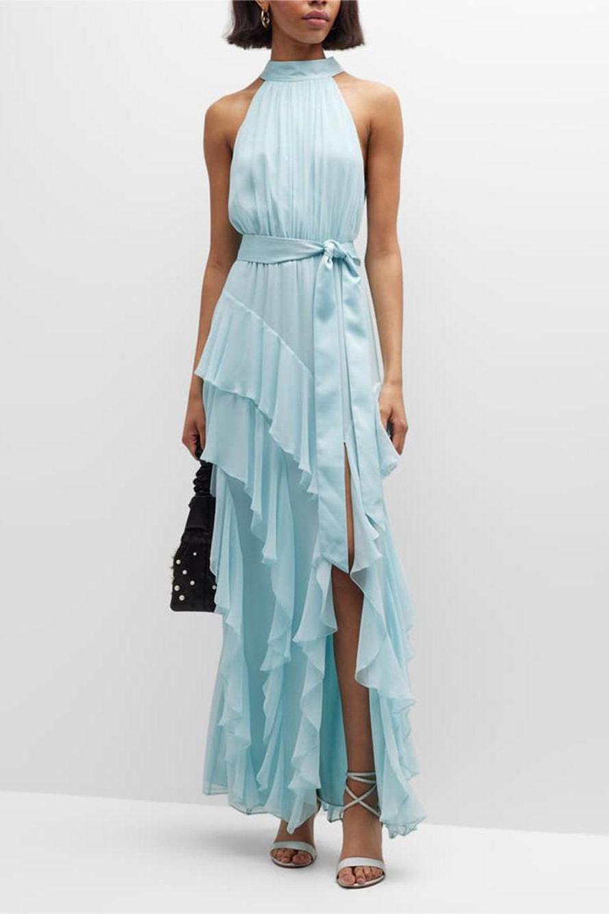 Chiffon Sleeveless Frill Split Midi Dress With Belt