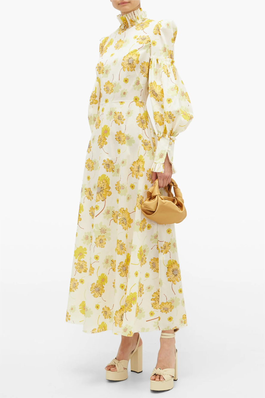 Floral Stand Collar Lantern Sleeve Maxi Dress