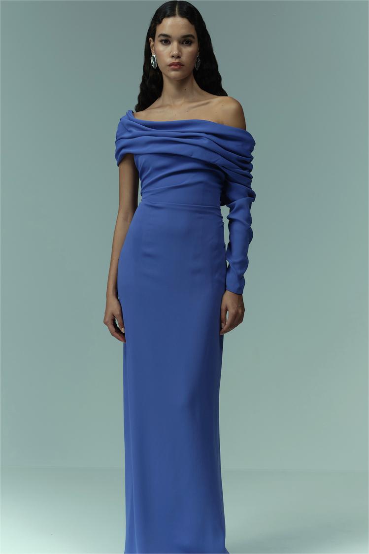 Solid Off-Shoulder Ruched Maxi Dress