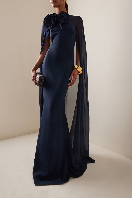 3D Flower Chiffon Cape Maxi Dress