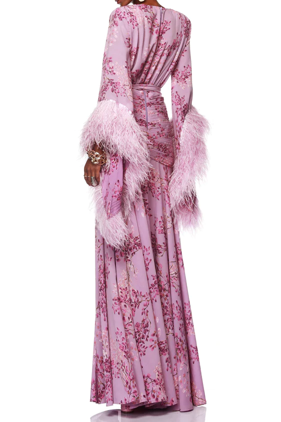 Feather Floral Long Sleeve Split Maxi Dress