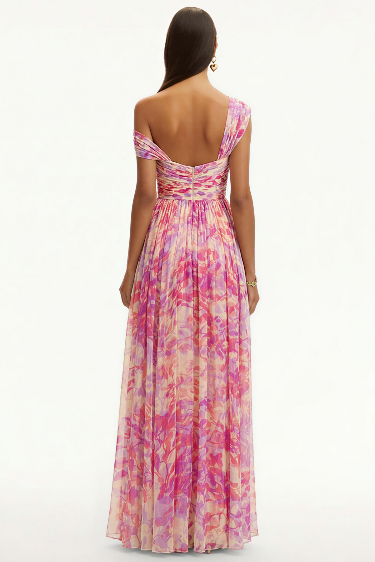 Floral Skew Collar Chiffon Maxi Dress