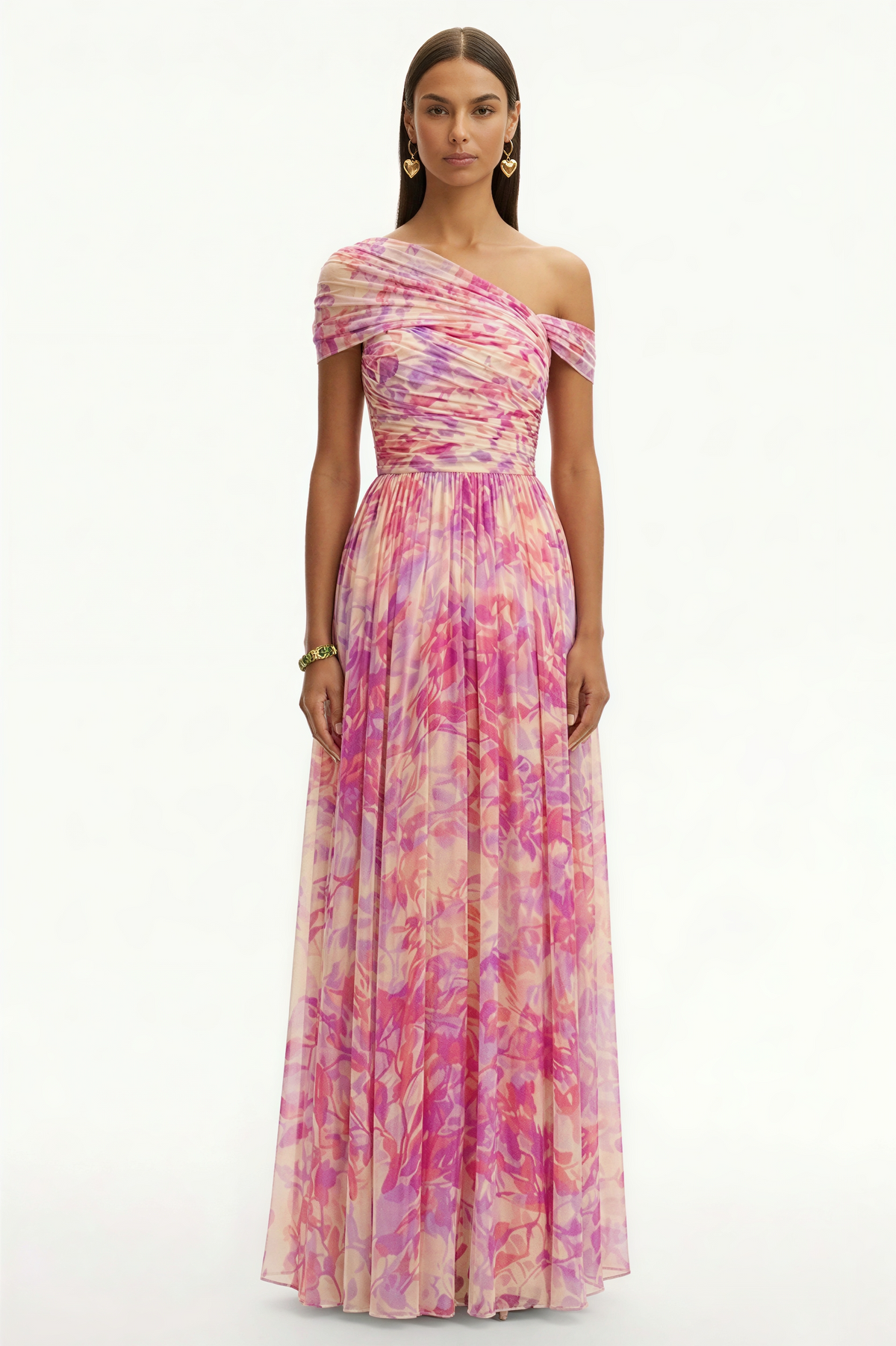 Floral Skew Collar Chiffon Maxi Dress