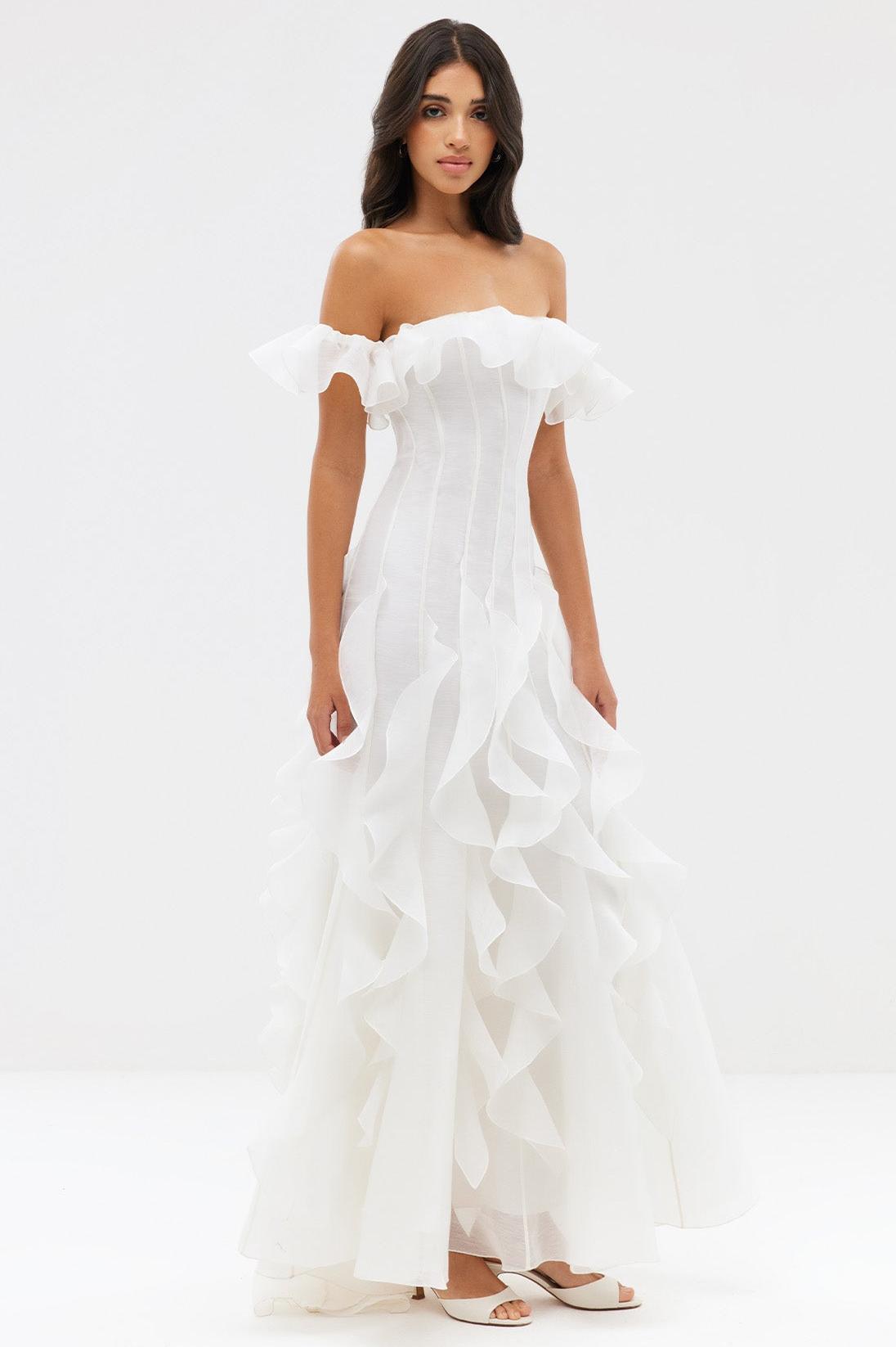 Solid Frill Off-Shoulder Maxi Dress