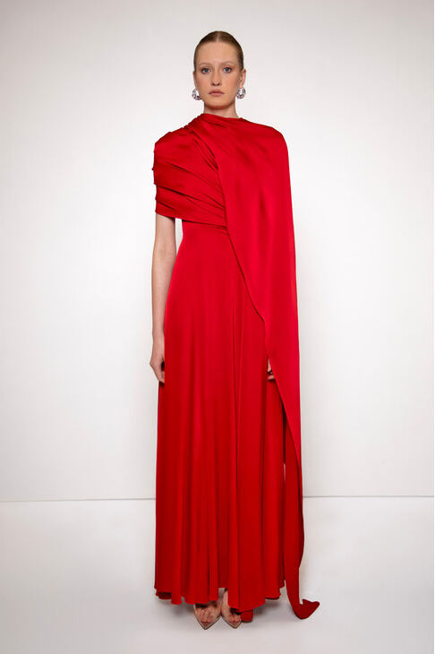 Satin Gathering Asymmetrical Sleeve Maxi Dress