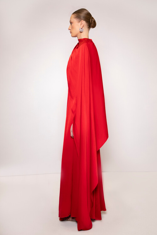 Satin Gathering Asymmetrical Sleeve Maxi Dress