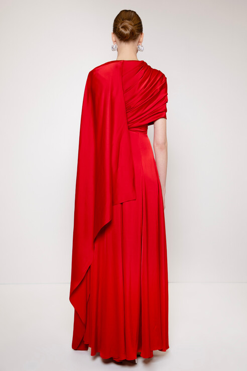 Satin Gathering Asymmetrical Sleeve Maxi Dress