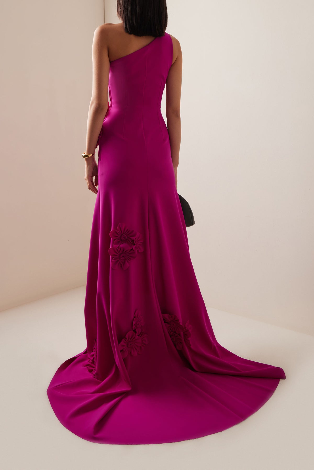 Solid 3D Flower Skew Collar Maxi Dress