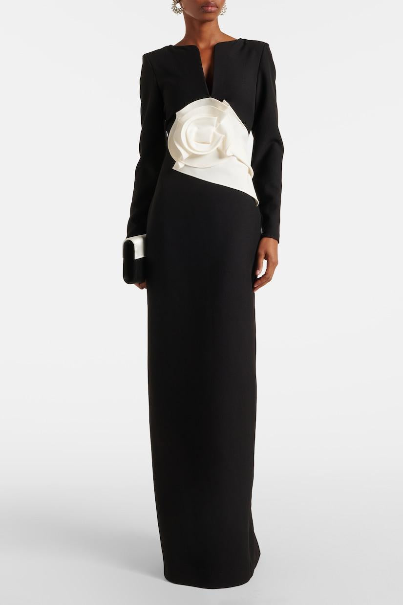 3D Flower Solid Long Sleeve Maxi Dress