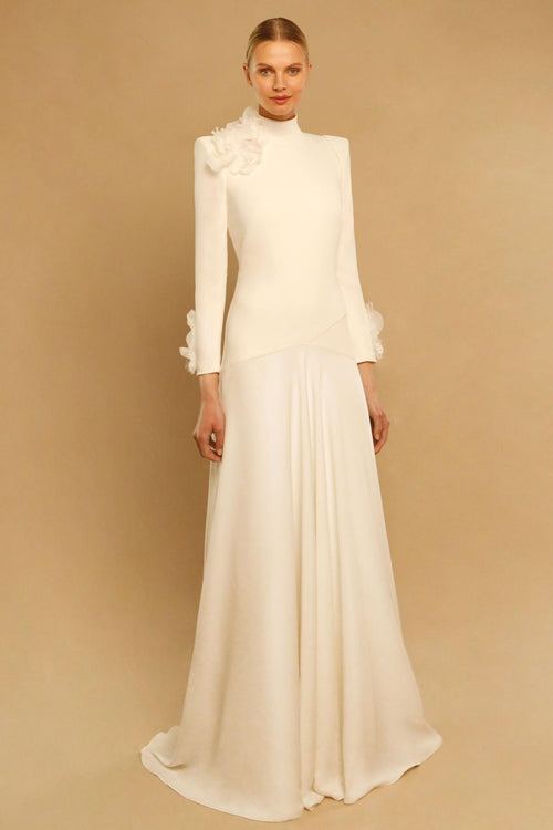 3D Flower Single Breasted Long Sleeve Maxi Dress