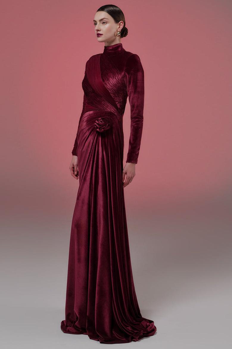 Velvet 3D Flower Ruched Maxi Dress