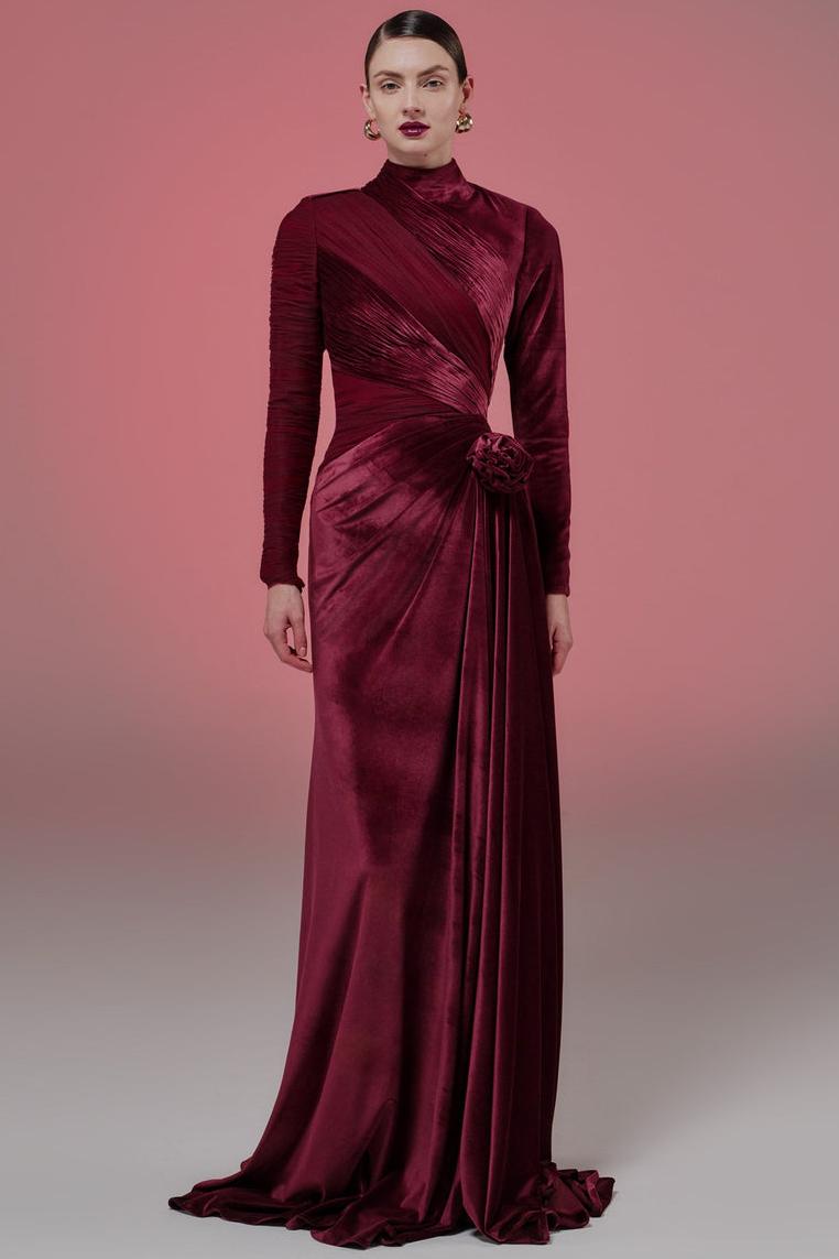 Velvet 3D Flower Ruched Maxi Dress
