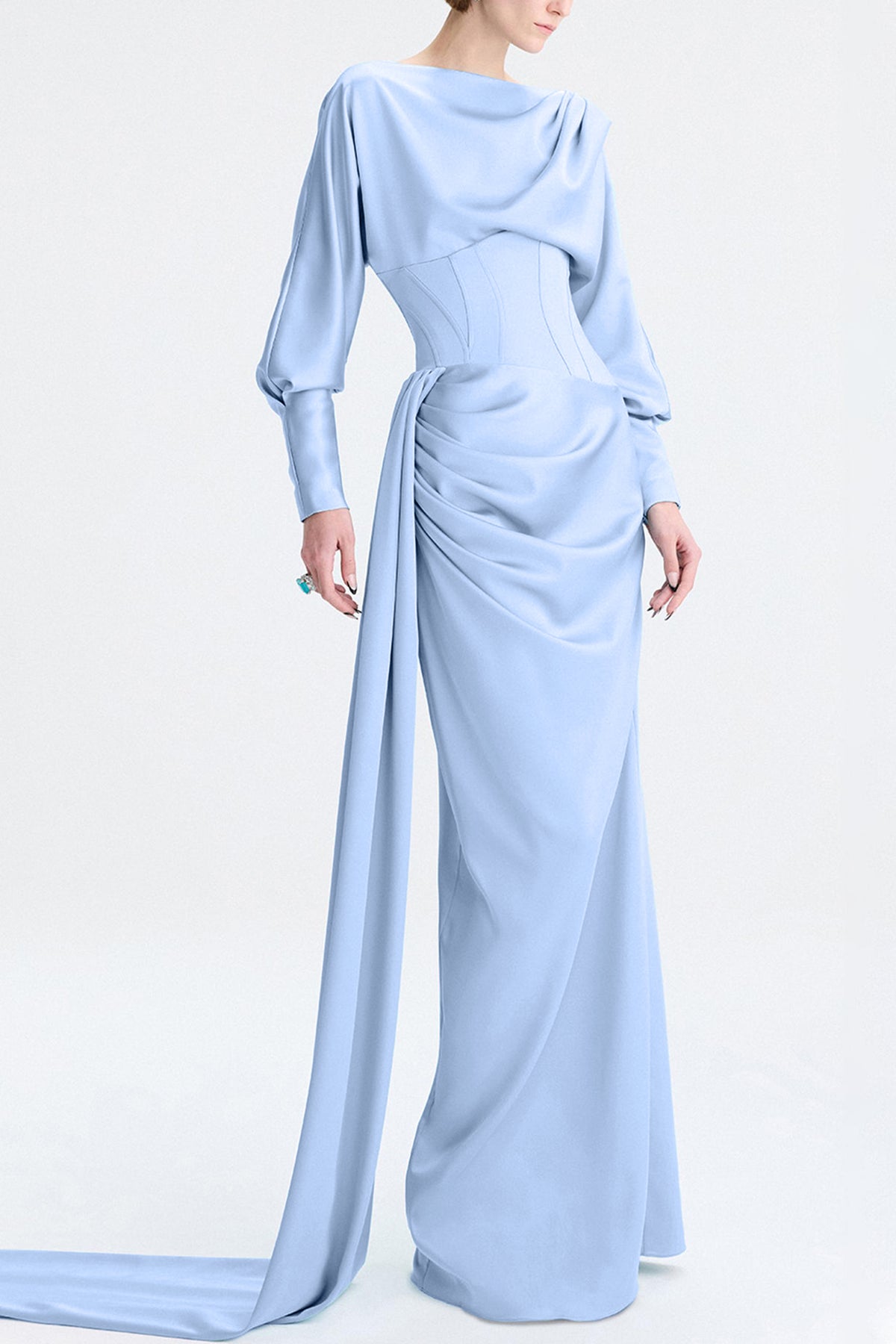 Satin Gathering Boat Neck Maxi Dress