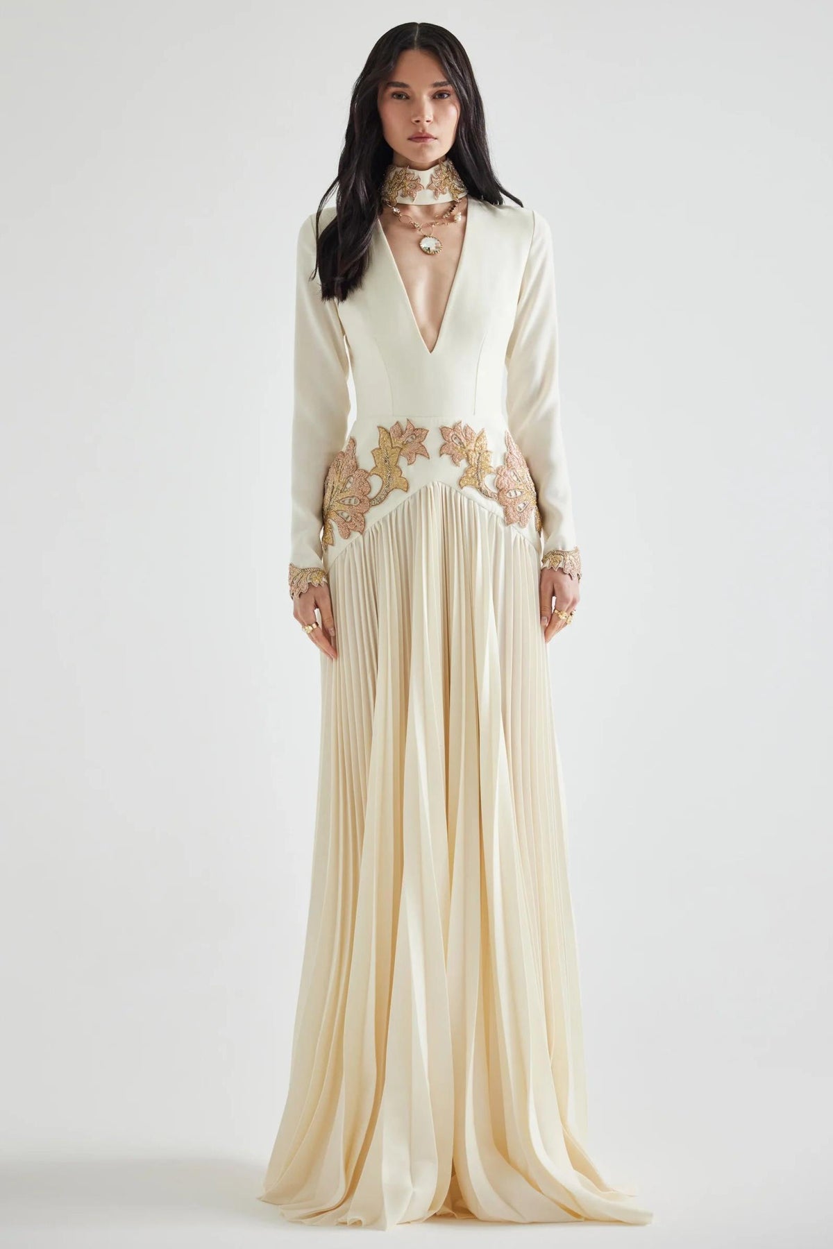 Appliquéd V-Neck Pleated Maxi Dress