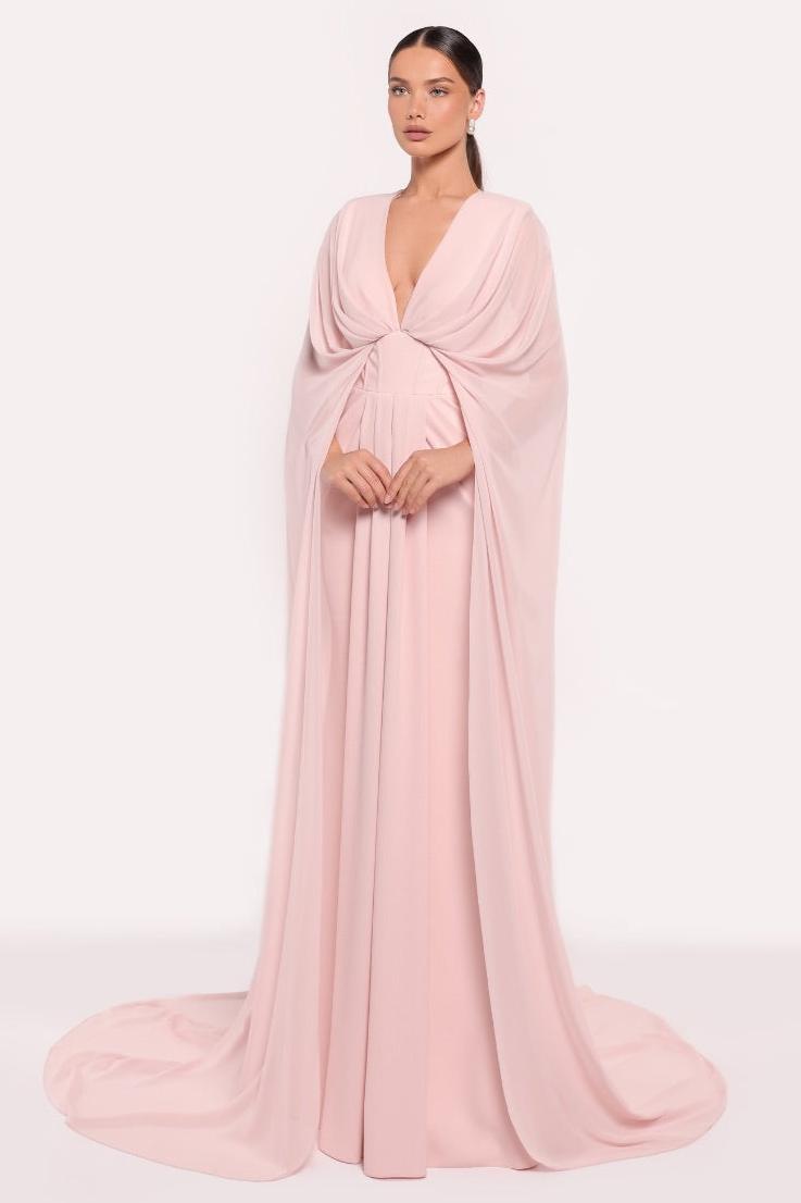 Chiffon Pleated V-Neck Cape Sleeve Maxi Dress