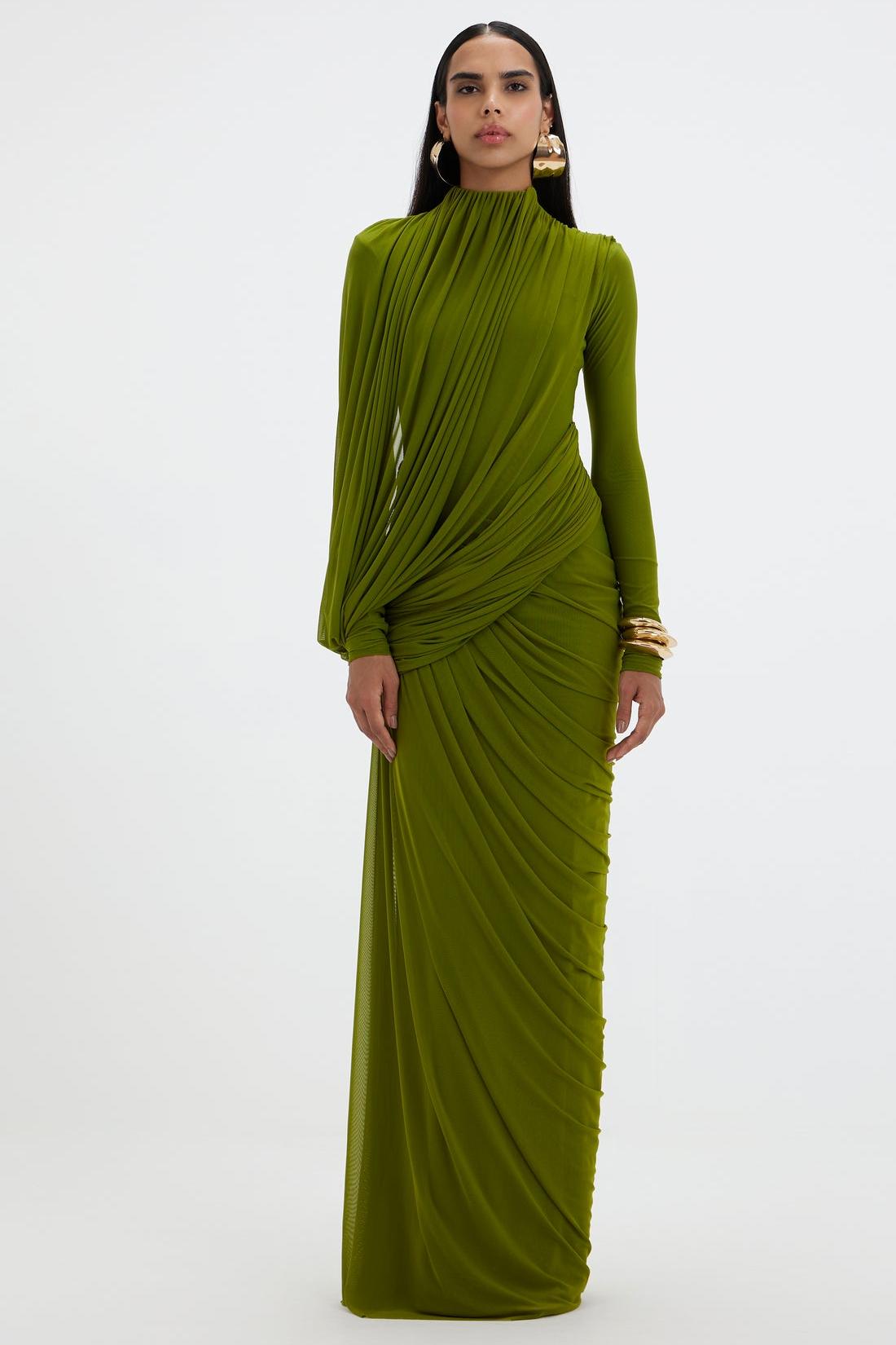 Mesh Gathering Long Sleeve Maxi Dress