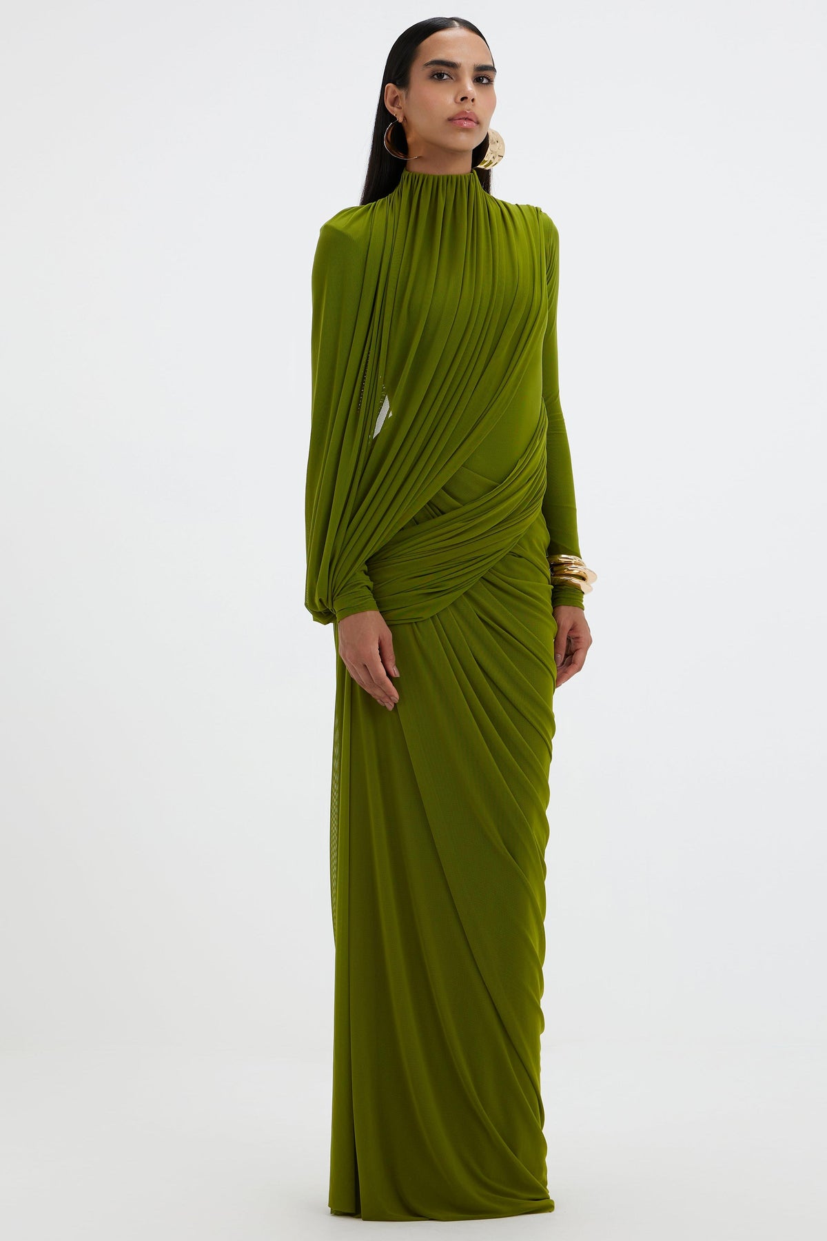 Mesh Gathering Long Sleeve Maxi Dress