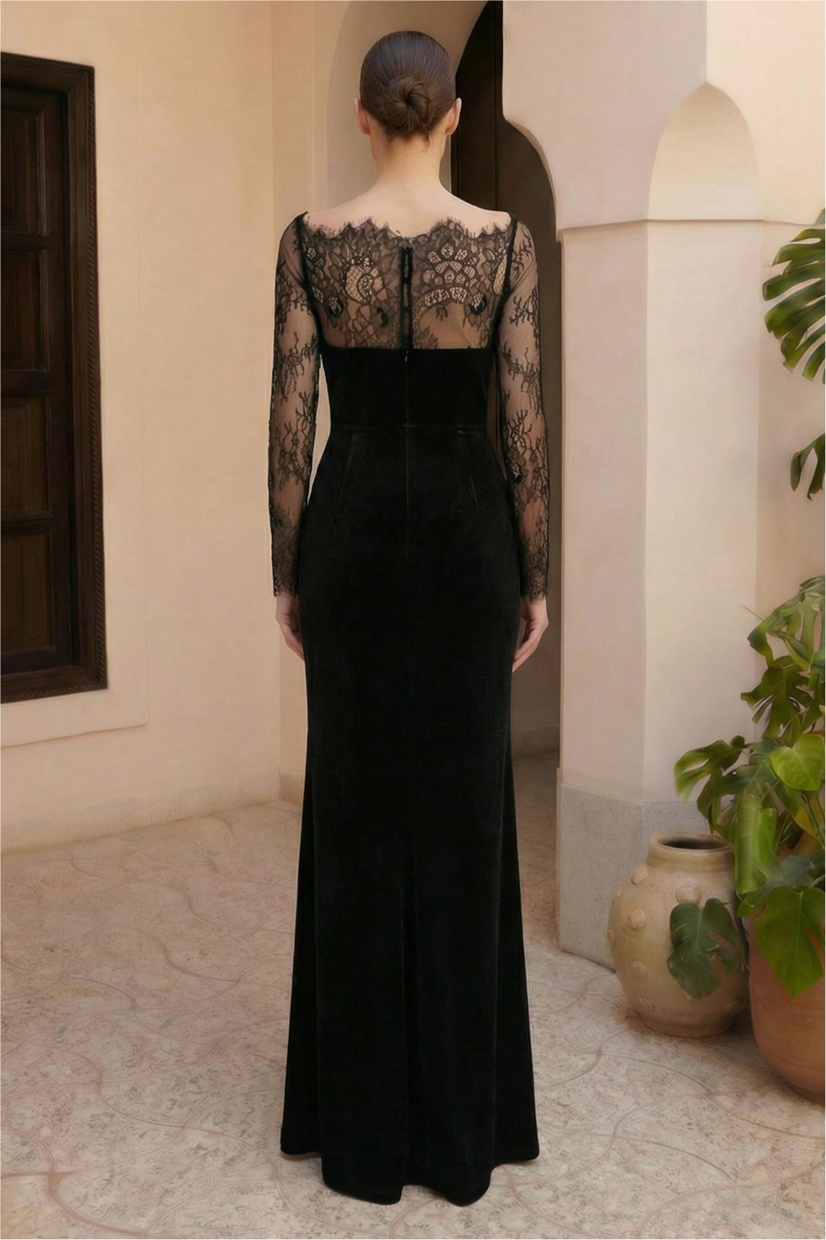 Velvet Splicing Lace Maxi Dress