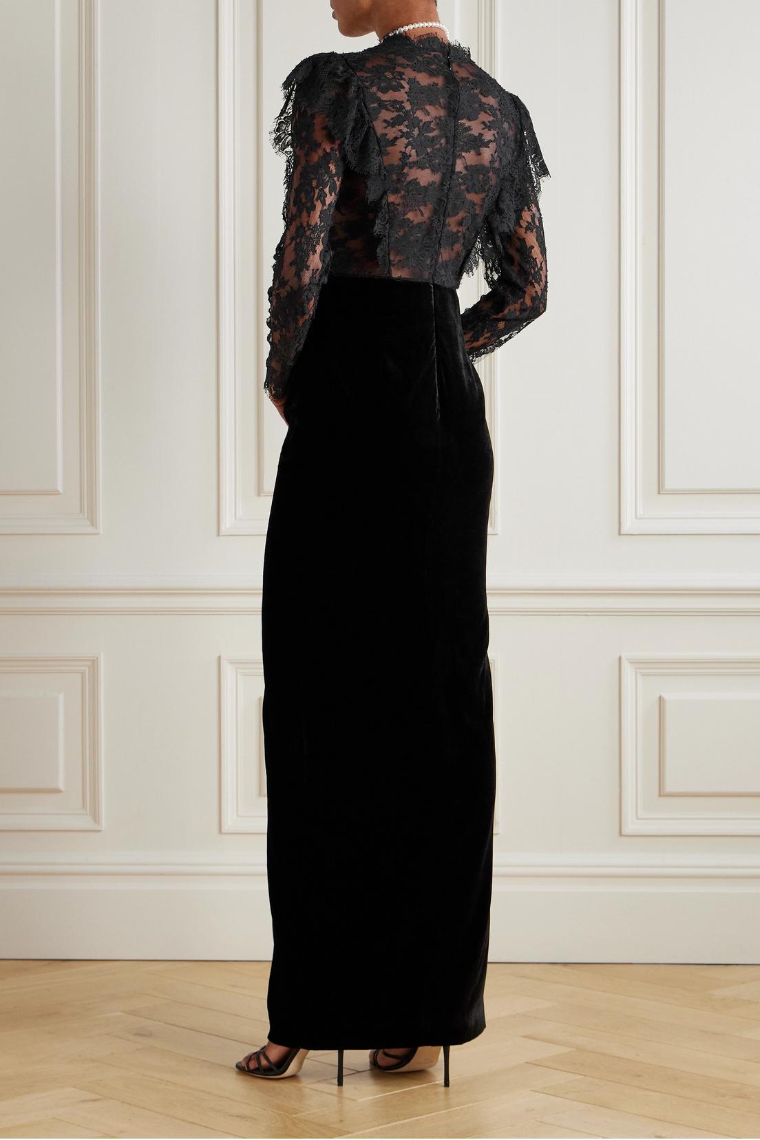 Velvet Splicing Lace Slit Maxi Dress