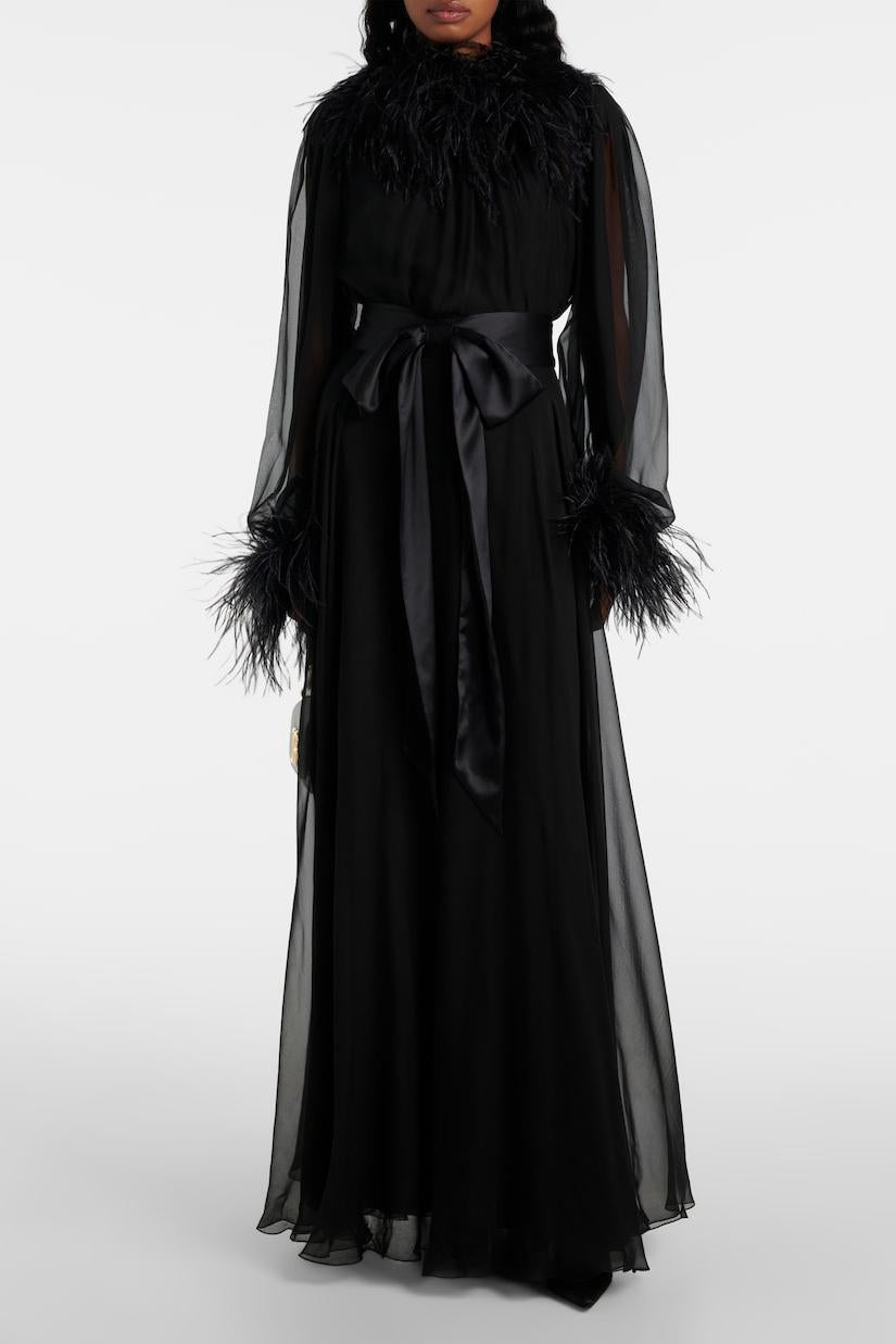 Chiffon Splicing Feather See-Through Maxi Dress
