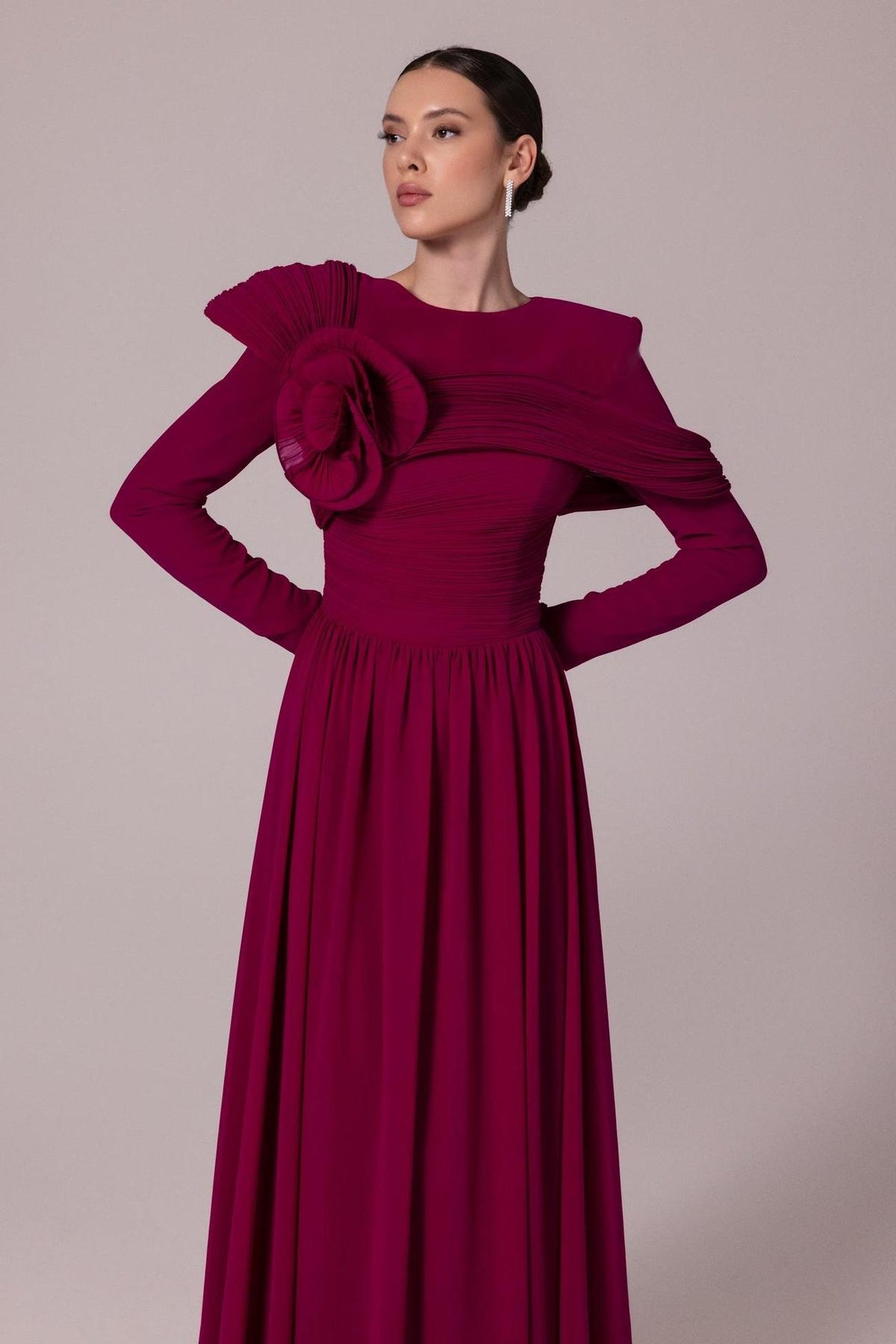 Solid Ruched 3D Flower Maxi Dress
