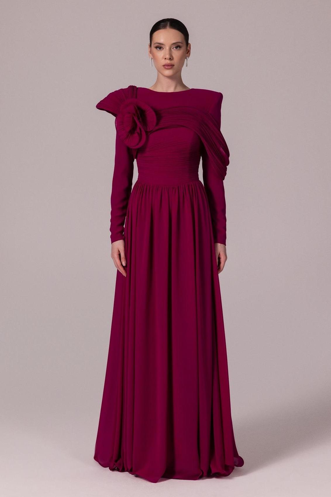 Solid Ruched 3D Flower Maxi Dress