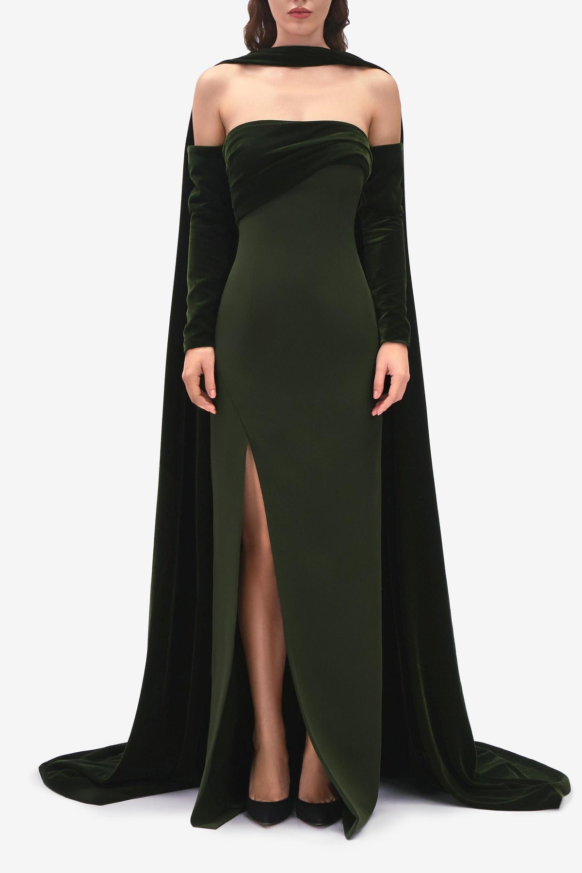 Off-Shoulder Slit Maxi Dress With Velvet Cape