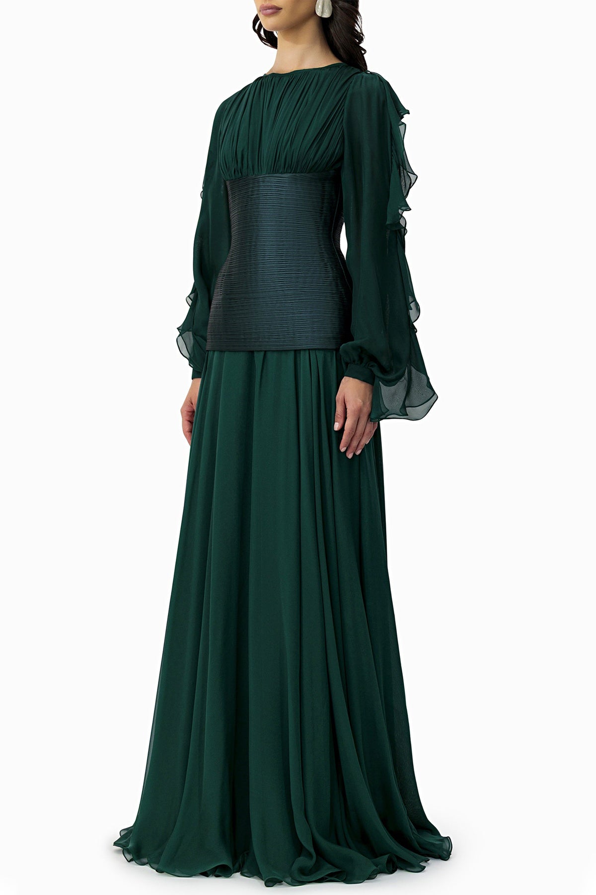 Chiffon Ruched Ruffle Maxi Dress