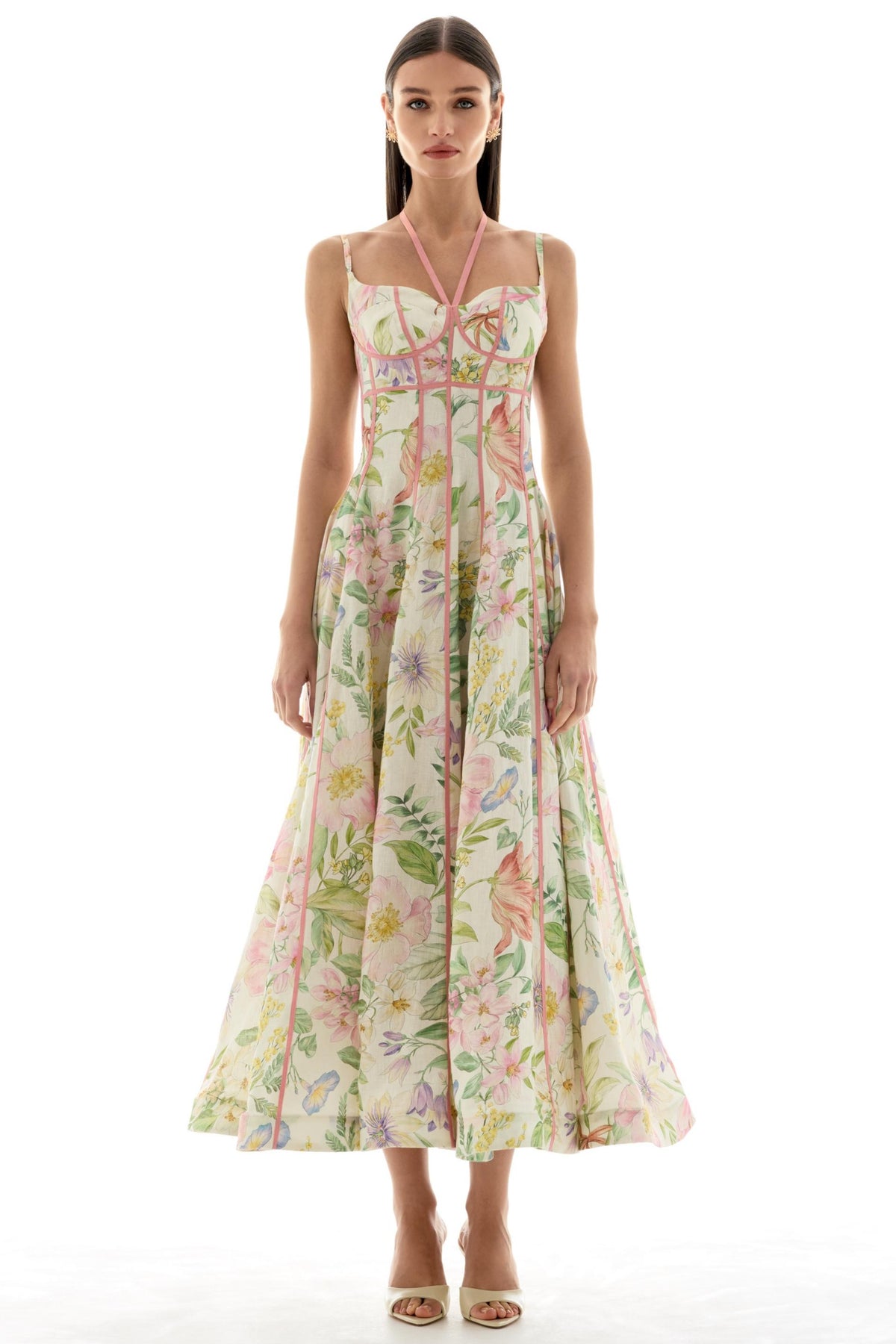 Floral Lace-Up Sweetheart Neck Midi Dress