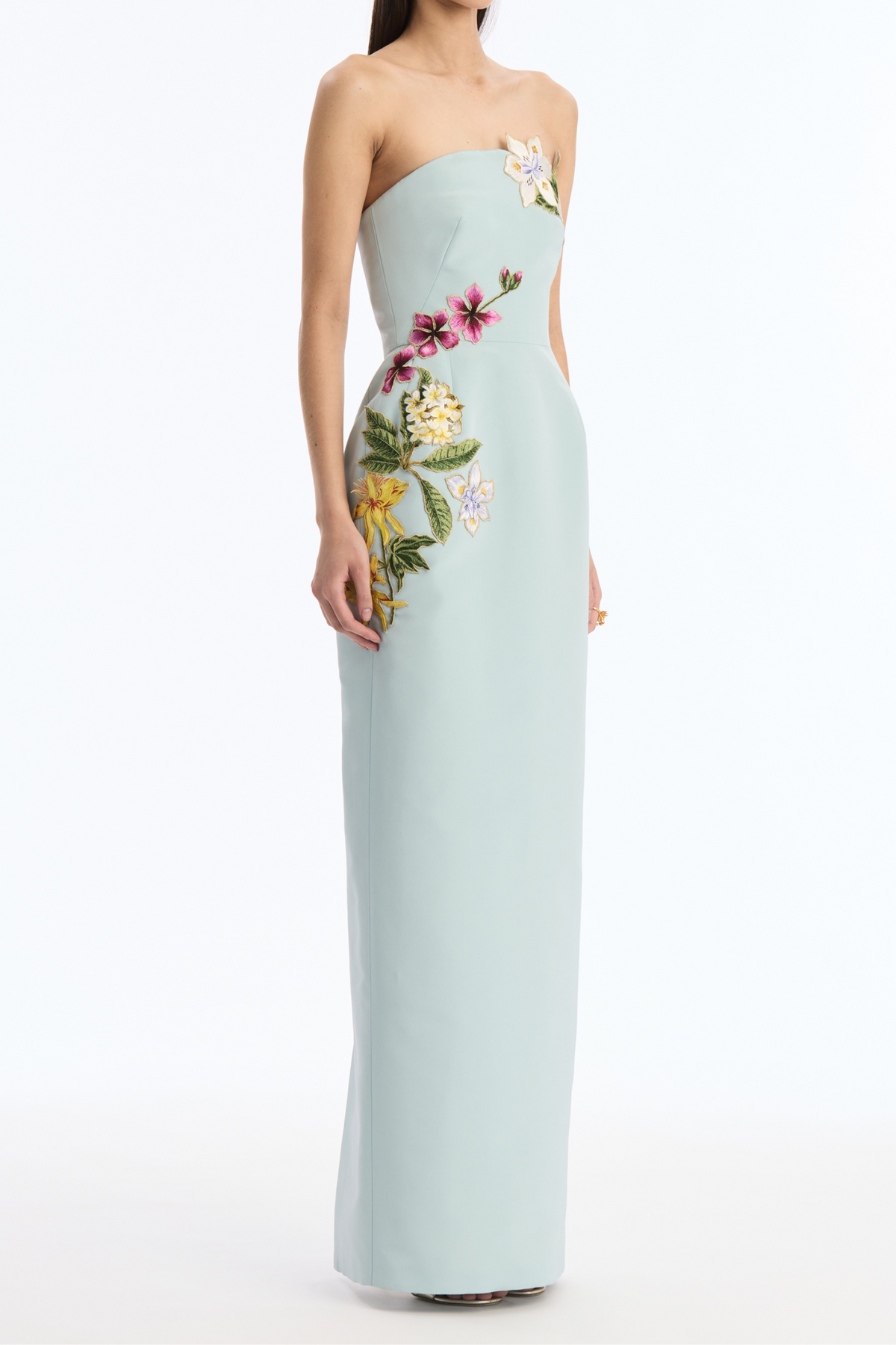 Embroidered Strapless Slit Maxi Dress