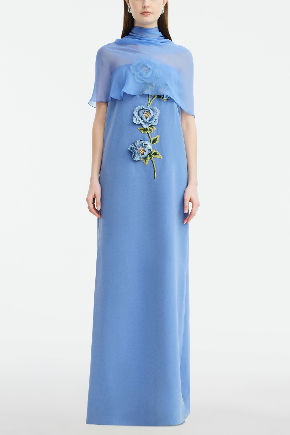 Embroidered Strapless Maxi Dress With Cape