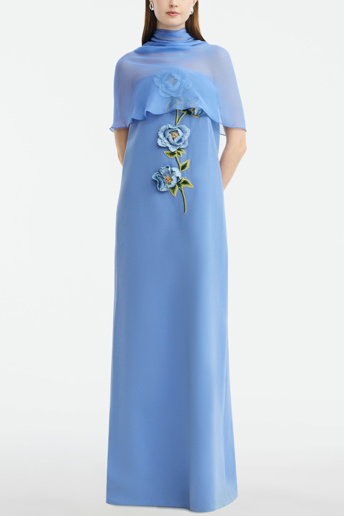 Embroidered Strapless Maxi Dress With Cape