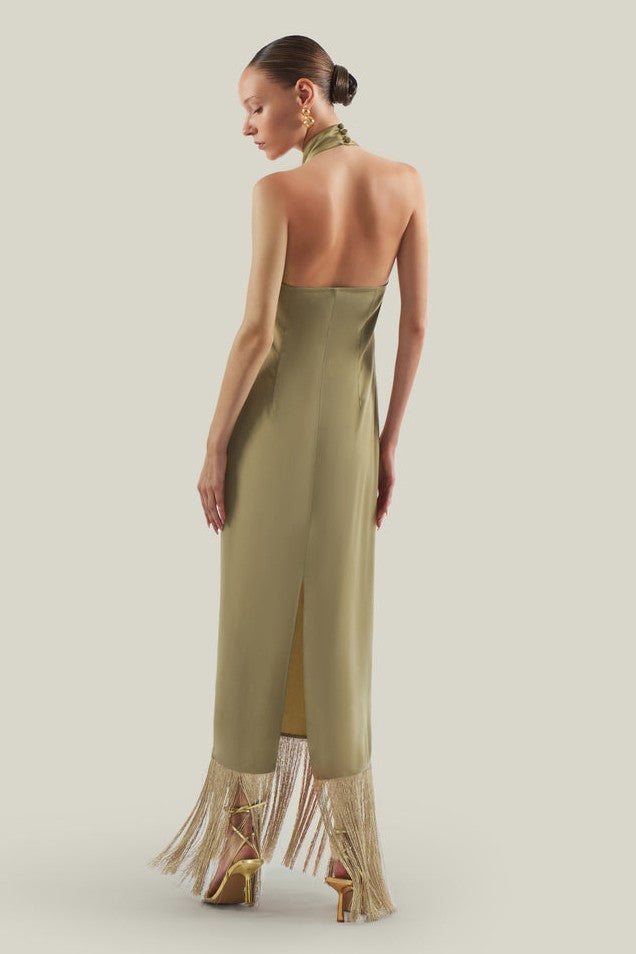Satin Tassel Maxi Dress With Cape