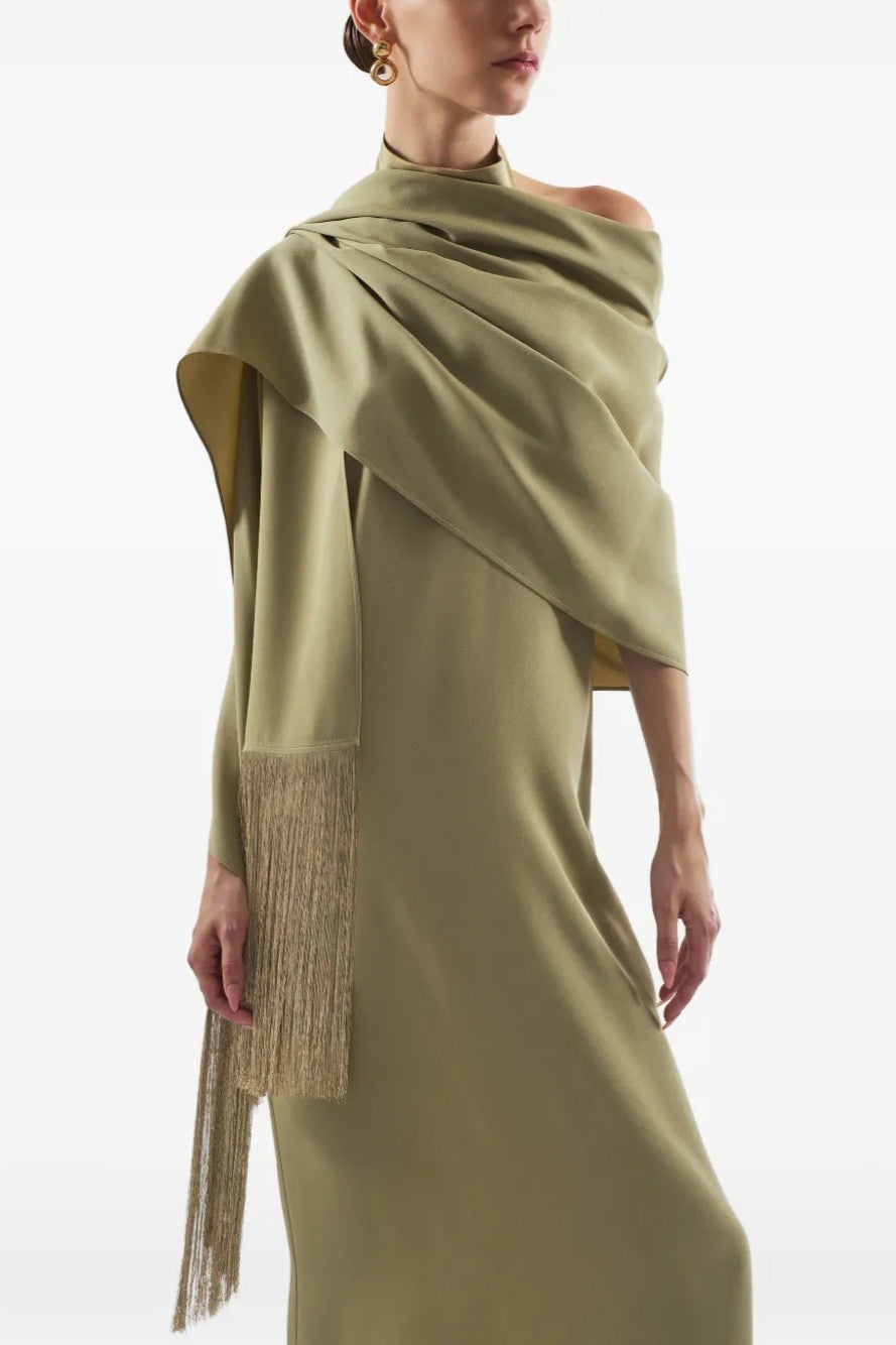 Satin Tassel Maxi Dress With Cape