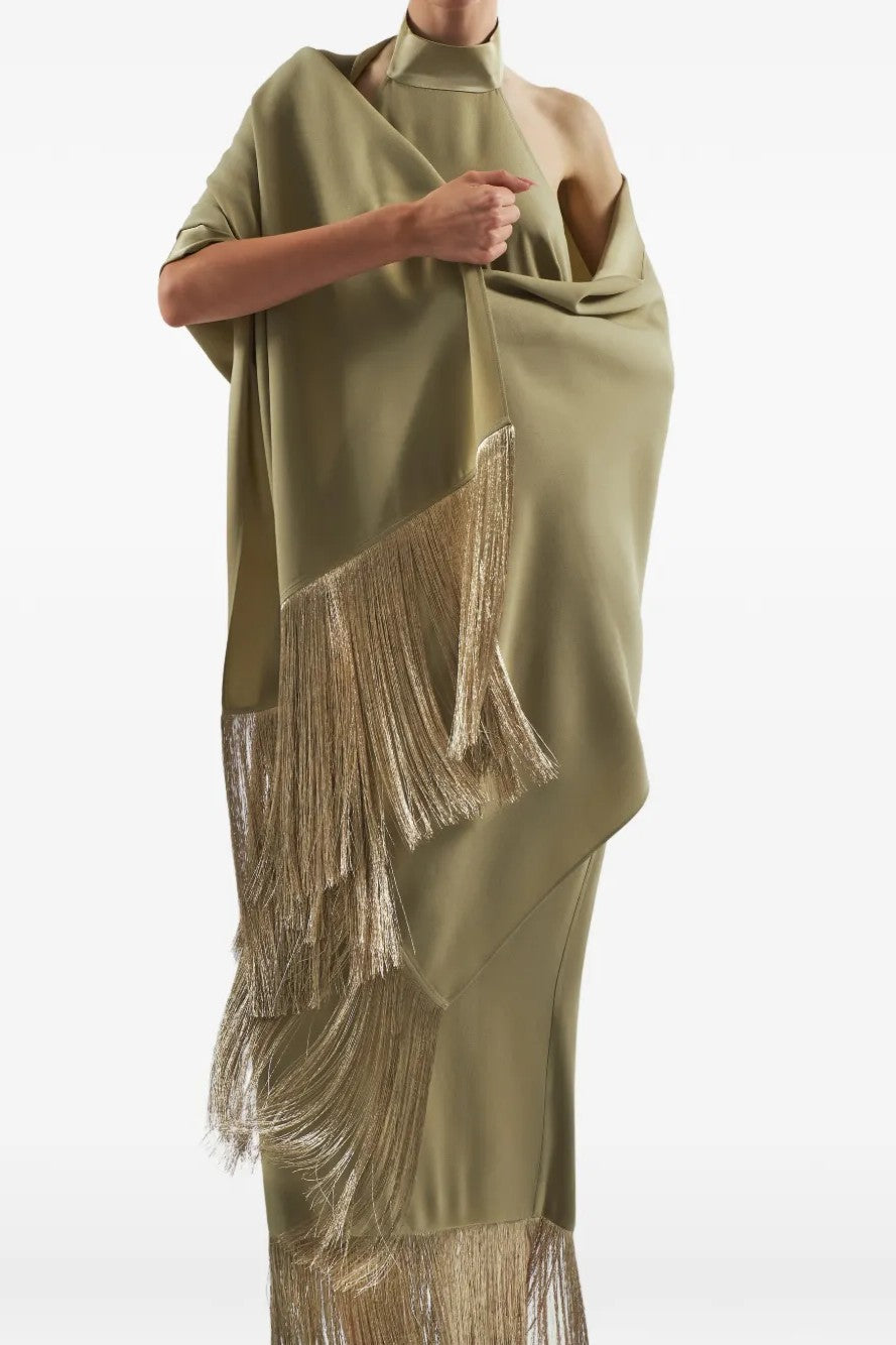 Satin Tassel Maxi Dress With Cape