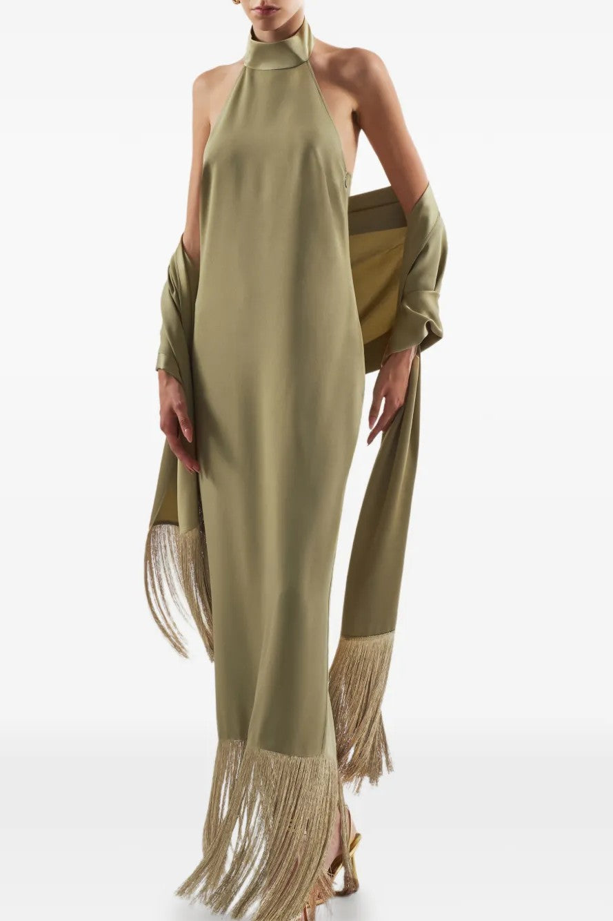 Satin Tassel Maxi Dress With Cape