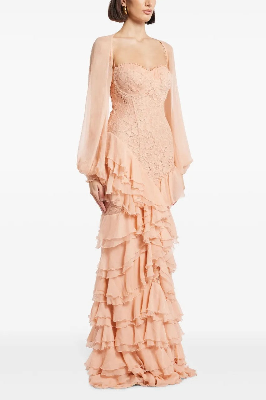 Lace Ruffle Sweetheart Neck Maxi Dress